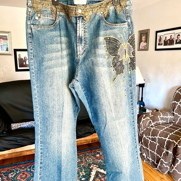 CREST JEANS Butterfly Embroidered Lace Detail Stretch Vintage JEANS Sz. 19/20 - Picture 4 of 9